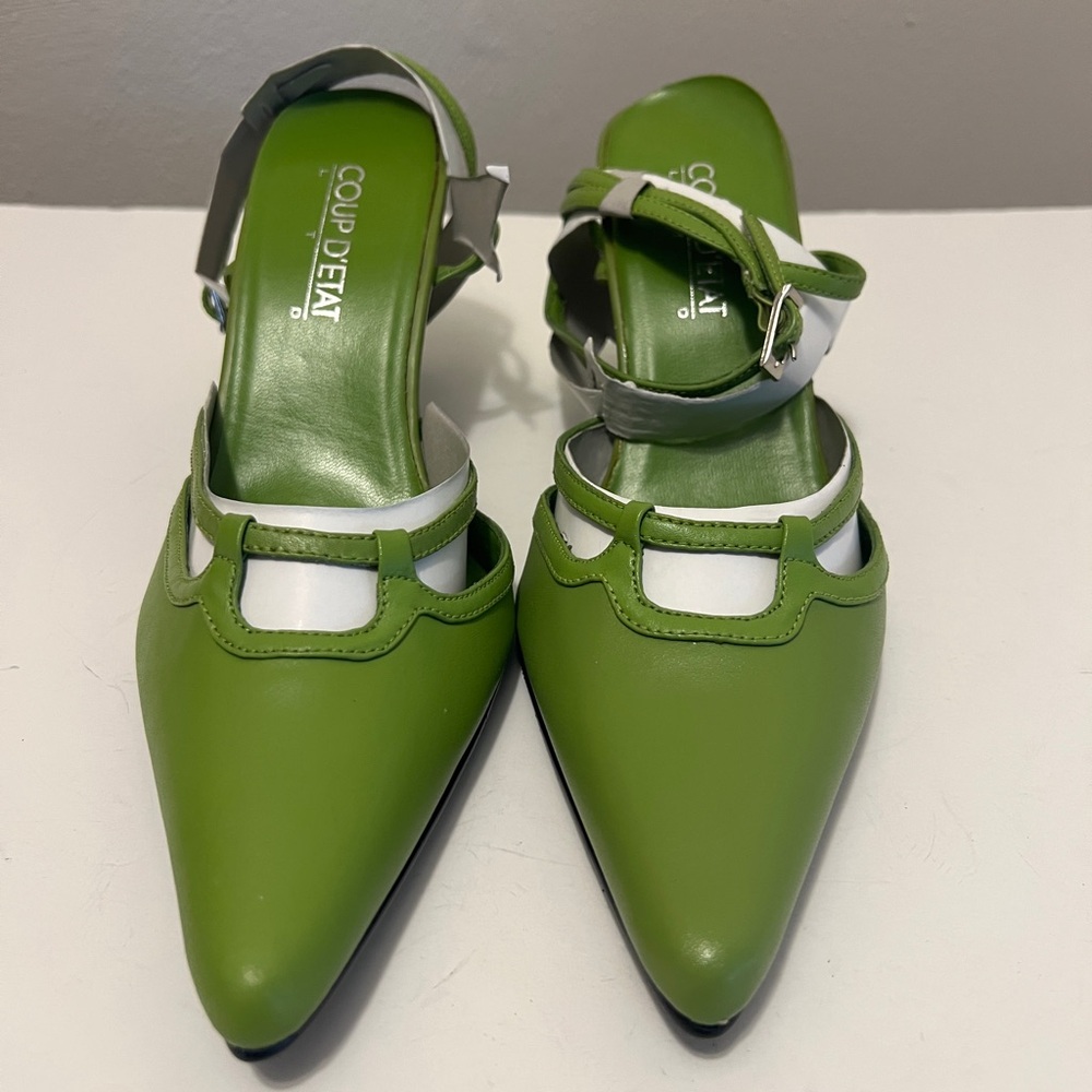 Coup deTat Lime Green Ankle Strap Heels – Size 7.5, 2.5-Inch Faux Leather